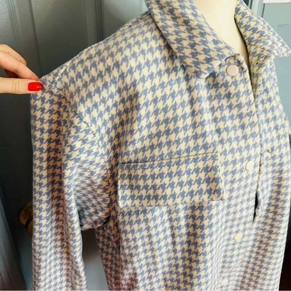 Shero Houndstooth Tassel Trim Blue and White Fringe Shacket Jacket - Picture 5 of 13